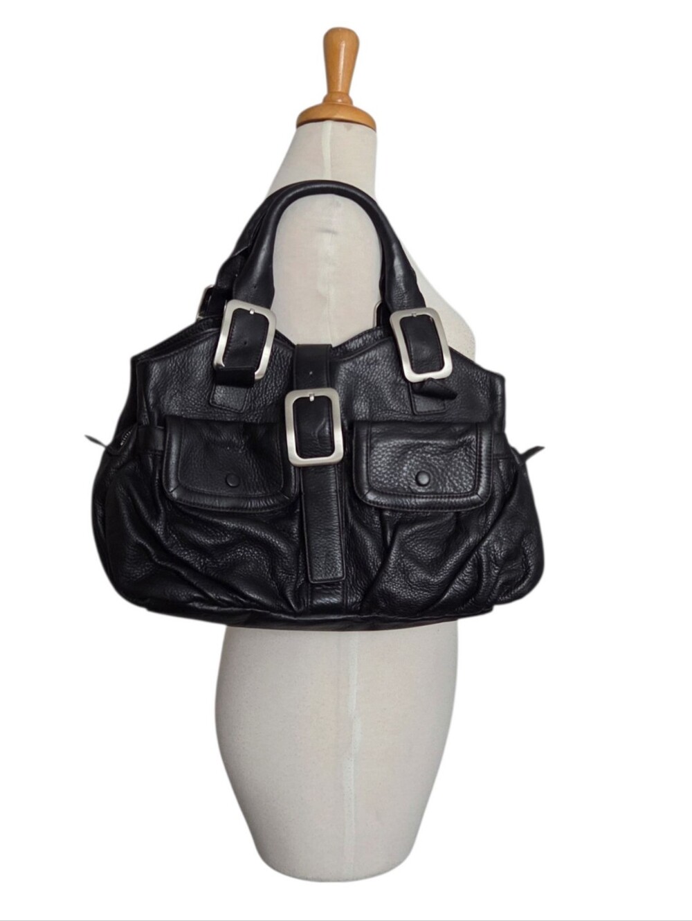 Vintage Cole Haan Village Black Pebbled Leather Buckle Satchel Hobo Bag Y2K
